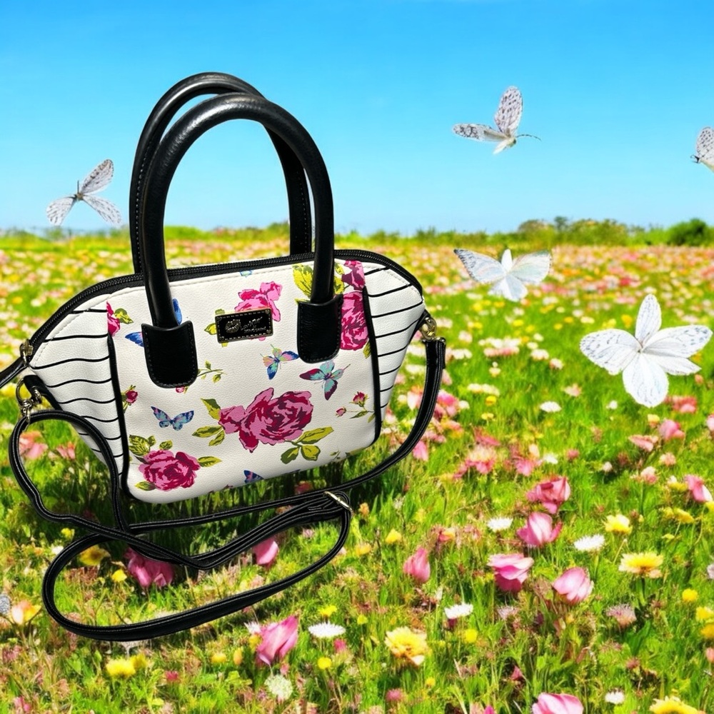 Betsey Johnson White and Black Floral Satchel